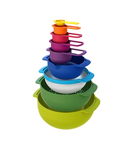 9 pc Nesting Bowls Set with Mixing Bowls, Measuring Cups + Sieve Colander